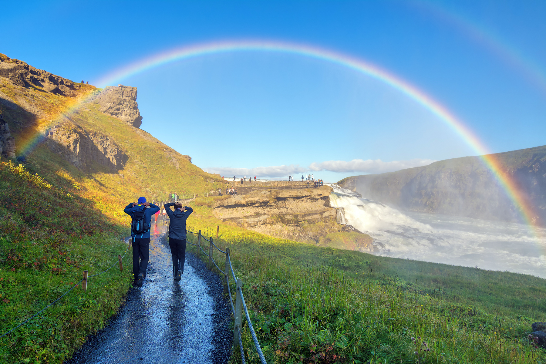 The beautiful golden waterfall, Gullfoss under a rainbow