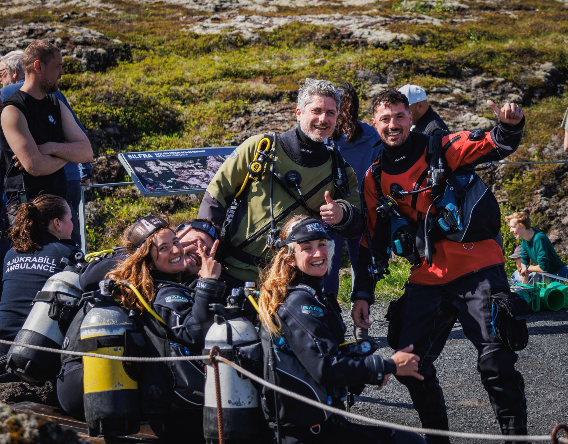 Divers in full diving gear at the Silfra Safety Workshop hosted by DIVE at Þingvellir