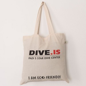 Eggshell color ecofriendly shopping bag with black and red DIVE.IS PADI 5 start dive center print and long strap