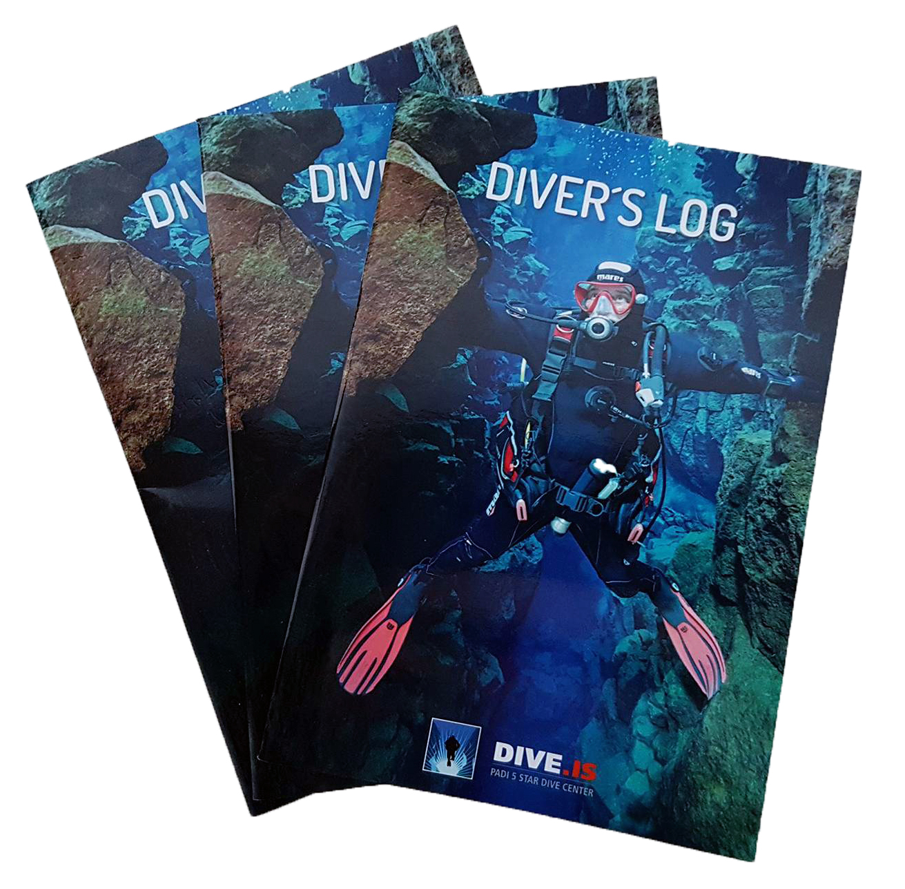 Stack of three DIVE.IS Silfra Logbooks for divers showing Mares diver touching the continental plates on both sides in Big Crack