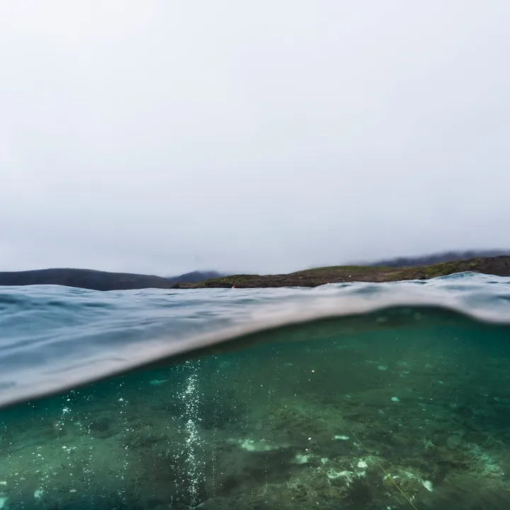 split shot grey cloudy sky over Kleifarvatn with lavarock shore and green moss patches underwater bubbling sand bottom