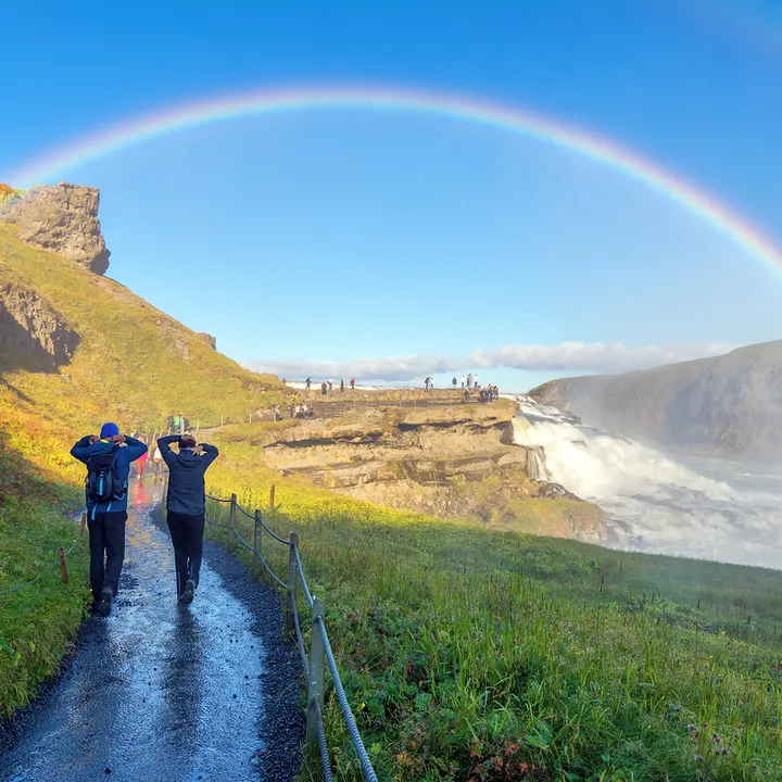 The beautiful golden waterfall, Gullfoss under a rainbow