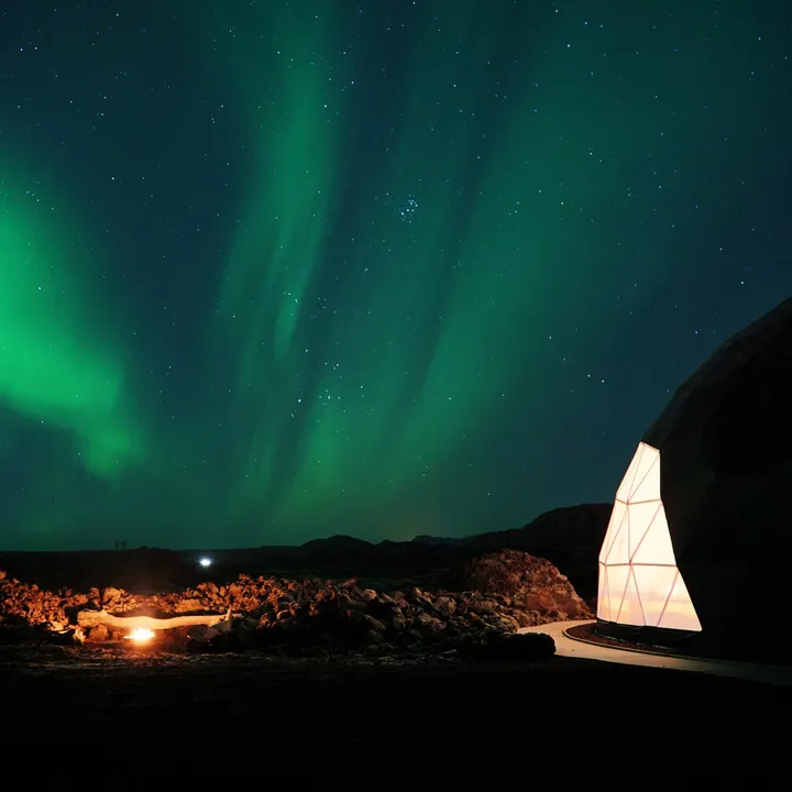 Beautiful Northern lights outside of the Aurora Basecamp in Iceland