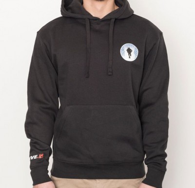 Black hoodie sweater with round small DIVE.IS logo black diver contour on white ground framed by blue silfra walls left chest
