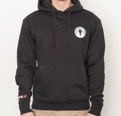 Silfra Hoodie Black hoodie sweater with round small DIVE.IS logo black diver contour on white ground framed by blue silfra walls left chest