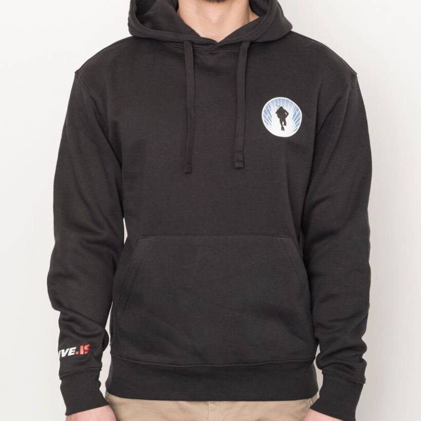 Silfra Hoodie Black hoodie sweater with round small DIVE.IS logo black diver contour on white ground framed by blue silfra walls left chest