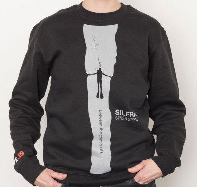 Silfra Jumper DIVE.IS Silfra between the continents jumper black with white stripe across mid chest and black diver contour