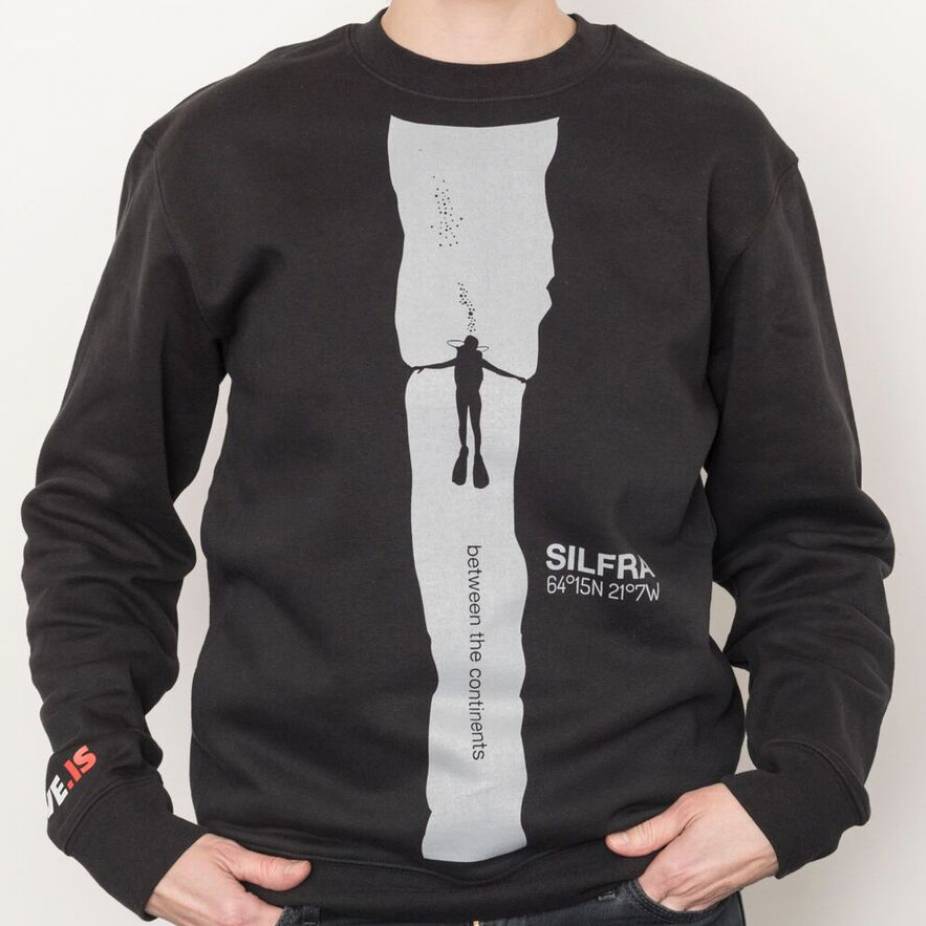 Silfra Jumper DIVE.IS Silfra between the continents jumper black with white stripe across mid chest and black diver contour