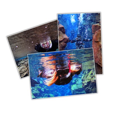Selection of three customer tour photos from diving and snorkeling tours in Silfra fissure in Iceland with DIVE.IS