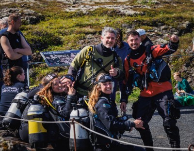 Divers in full diving gear at the Silfra Safety Workshop hosted by DIVE at Þingvellir