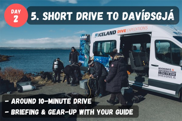 Drive with your guide to Davíðsgjá and gear up into your dry suit.