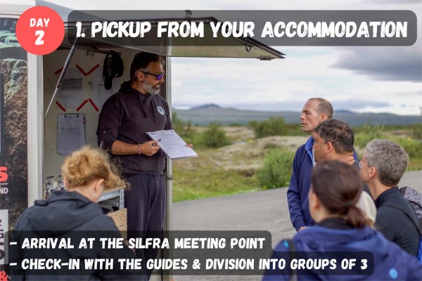 Arrive at the Silfra meeting point after getting picked up from your accommodation and check-in with your guide.