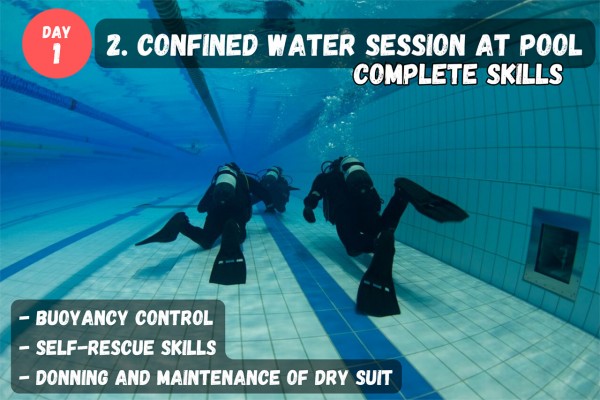 Complete a confined water session at the swimming pool and learn the main skills for dry suit diving.