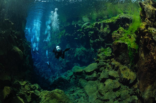 A group of divers in Silfra Fissure, Thingvellir