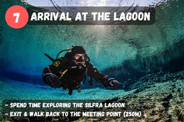 Spend time exploring the Silfra lagoon before exiting the fissure, and walking (around 250 meters) back to the Silfra meeting point.