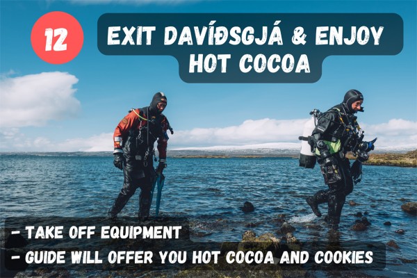 Exit the Davíðsgjá fissure and take off your equipment. Enjoy hot cocoa to warm up after the dive.