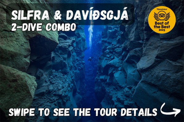 Swipe to see the tour details for the Silfra & Davíðsgjá - 2-dive combo tour.