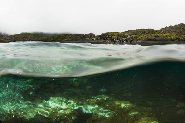 Getting ready to dive over the hot springs on the black sand beach of Lake Kleifarvatn