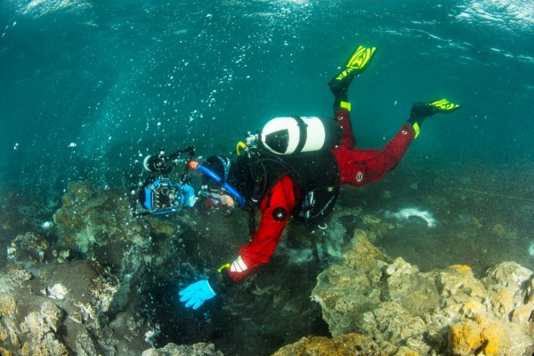 Scuba diver touching bubbles from underwater hot spring in Iceland