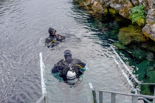 Diver on the DIVE.IS private Silfra tour entering the clearest water in the world