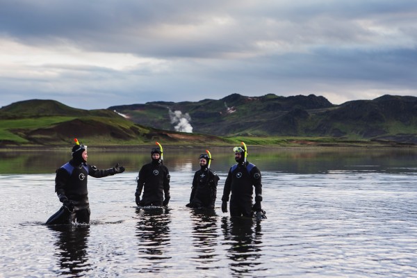 Getting ready to snorkel over hot springs in Iceland