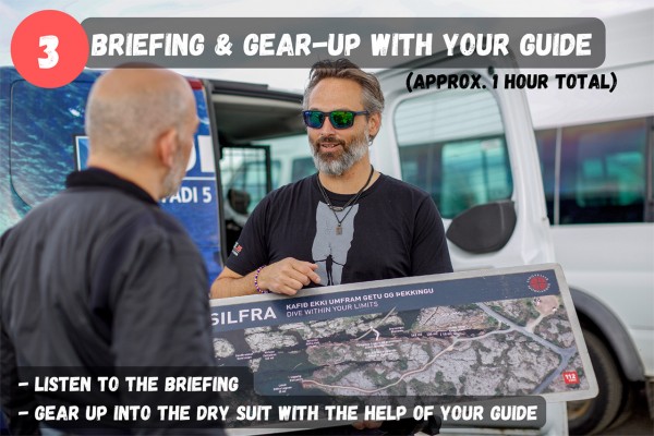 Listen to the briefing and gear up into your dry suit, with the help of your guide.