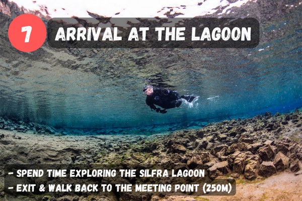 Spend time exploring the Silfra lagoon before exiting the fissure, and walking (around 250 meters) back to the Silfra meeting point.