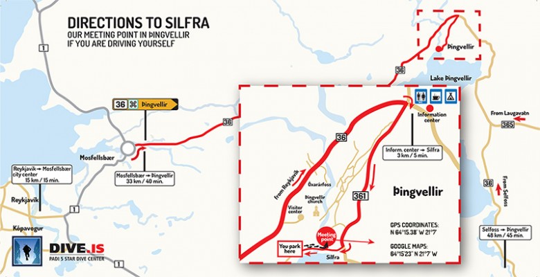 Printable map with directions to Silfra in Iceland