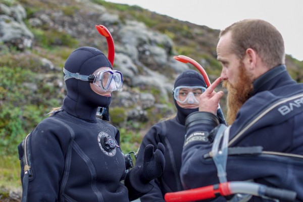 Getting ready to snorkel between tectonic plates in Silfra in Iceland