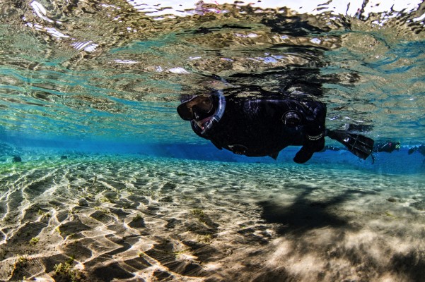 Snorkeler close up from underneath the sparkeling water surface of Silfra Lagoon with sunlight reflecting on sediment