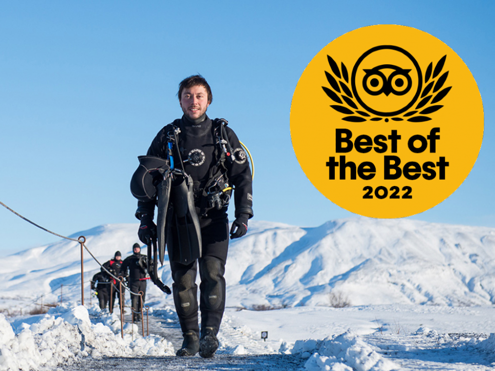 Smiling Dry suit diver next to our TripAdvisor badge